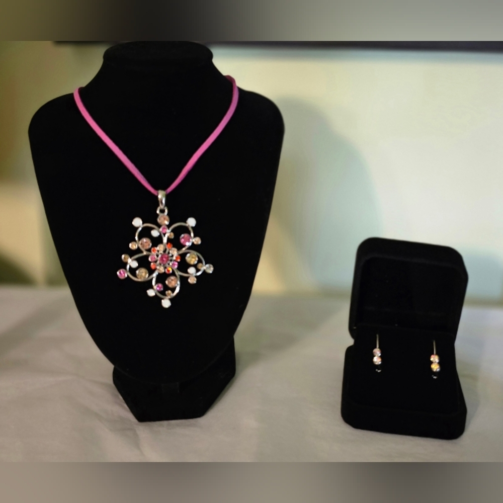 Lia Sophia Pink and Silver‎ Floral Charm Necklace and Earrings Set